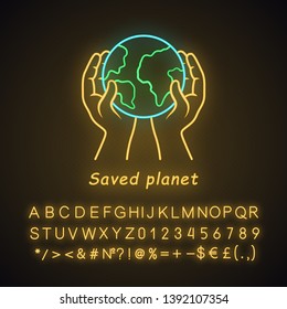 Saved planet neon light icon. Environmental sustainability. World protection. Global Earth day. Hands holding planet. Glowing sign with alphabet, numbers and symbols. Vector isolated illustration