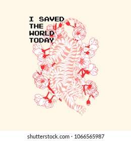 I saved the world today slogan. Chinese dragon with flowers. Rock and roll patch. Typography graphic print, fashion drawing for t-shirts. Vector stickers,print, patches vintage