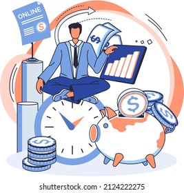 Saving account concept. Businessman manages investments and income. Accumulation of funds, wealth. Receiving interest from keeping money, safe future. Online banking services, internet payment