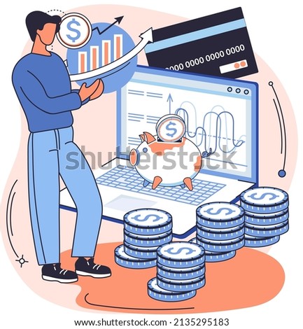 Saving account concept. Businessman manages investments and income. Accumulation of funds, wealth. Receiving interest from keeping money, safe future. Online banking services, internet payment