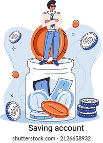 Saving account concept. Man putting coin into jar piggy bank. Accumulation of funds, wealth. Receiving interest from keeping money, safe future. Banking services, internet payment, sending money