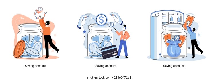 Saving account concept metaphor. People with coins and piggy bank. Accumulation of funds, wealth, passive income. Receiving interest from keeping money, safe future. Banking services, internet payment