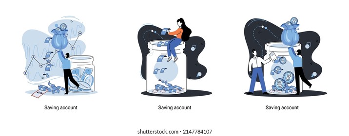 Saving account concept metaphor. People with coins and piggy bank. Accumulation of funds, wealth, passive income. Receiving interest from keeping money, safe future. Banking services, internet payment