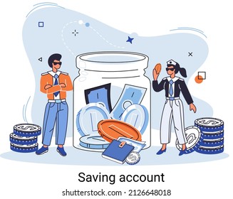 Saving account concept. People with coins and jar piggy bank. Accumulation of funds, wealth, passive income. Receiving interest from keeping money, safe future. Banking services, internet payment