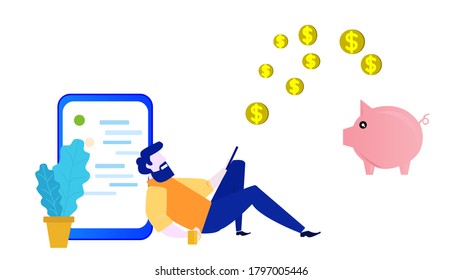 Saving account - little people putting coins into the piggy bank and getting rich later - tiny people flat vector illustration.Eps10