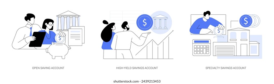 Saving accounts isolated cartoon vector illustrations set. Young couple opening high-yield account in bank, getting interest on deposit, special purpose savings, banking service vector cartoon.