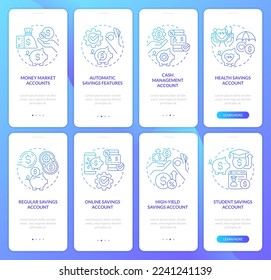 Guardando cuentas escribe el degradado azul a bordo de la pantalla de la aplicación móvil. Recorrido de dinero 4 pasos instrucciones gráficas con conceptos lineales. UI, UX, plantilla GUI. Multitud de tipos de letra Pro-Bold, con uso regular