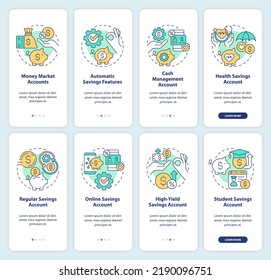 Guardando tipos de cuentas incorporando la pantalla de aplicación móvil. Recorrido de dinero 4 pasos instrucciones gráficas editables con conceptos lineales. UI, UX, plantilla GUI. Multitud de tipos de letra Pro-Bold, con uso regular