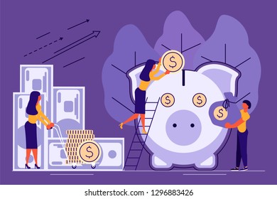 Saving or accumulating money concept in flat design. Team of young businessmen and large piggy bank in the form of a piglet. Flat Art Vector illustration