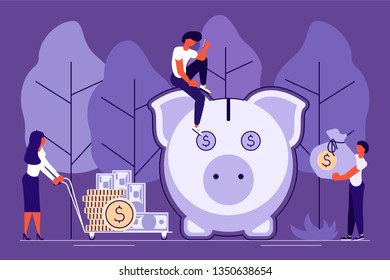 Saving or accumulating money concept in flat design. Team of young businessmen and large piggy bank in the form of a piglet. Flat Art Vector illustration
