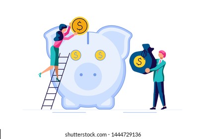 Saving or accumulating money concept. Team of young businessmen and large piggy bank in the form of a piglet. Flat Art Vector illustration