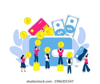 Saving And Accumulating Money Concept. Tiny People Put Gold Coins In A Large Purse. Investment Portfolio