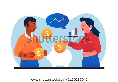 Saving or accumulating money concept. Young men and woman invest money and put coins in piggy bank. Family manages finances. Increase in profit or revenue. Cartoon modern flat vector illustration