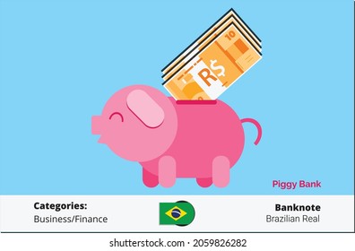 Saving bundle of 10 Brazilian Real banknote and money to piggy bank vector illustration. Salary, royalty, revenue, payment and finance element. Can be used for web, mobile, infographic and print.