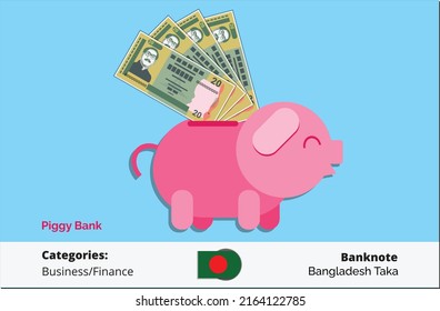 Salvando el paquete de 20 billetes y dinero de Bangladesh a la ilustración de un vector bancario