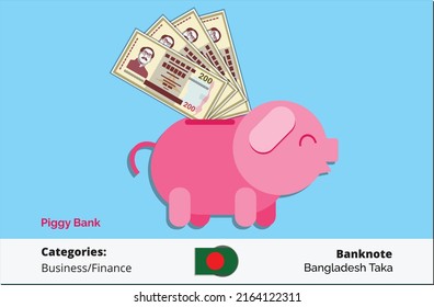 Saving bundle of 200 Bangladesh banknote and money to piggy bank vector illustration.