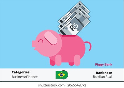 Sparen Sie Bundle von 5 brasilianischen Real Banknote und Geld auf Sparschwein Bank Vektorgrafik. brasilianische Währungs-, Geschäfts-, Zahlungs- und Finanzkomponente. Kann für Web, Mobile, Infografik und Print verwendet werden. 