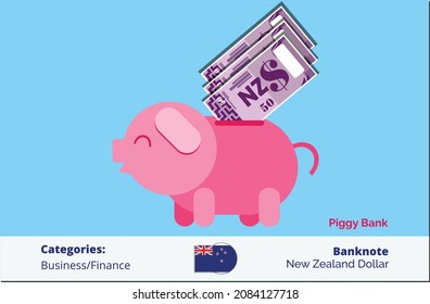 Saving bundle of 50 New Zealand Dollar banknote and money to piggy bank vector illustration