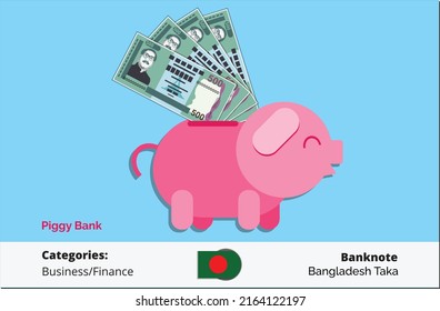 Salvando el paquete de 500 billetes y dinero de Bangladesh a la ilustración de un vector bancario