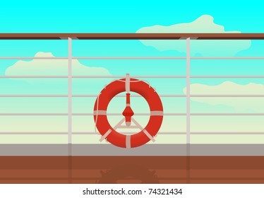 saving buoy in deck of cruise ship. reflection on deck.