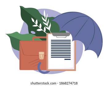 Saving business, insurance for saving money in projects. Briefcase with document agreement, foliage and umbrella. Care for economy and successful leading, management. Vector in flat style
