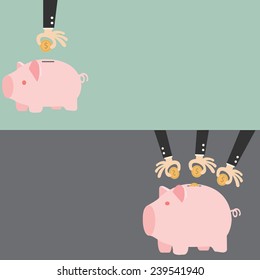 Saving, businessman's hands putting a coin into piggy bank.