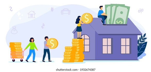Saving to buy a house or home savings vector illustration concept Planning savings money to buy a home Real estate or property investment Mortgage concept House loan or money investment to real estate