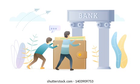 Saving cash in bank flat vector illustration. Two men pushing wallet with banknotes cartoon characters. People keeping savings in financial institution. Businessman, accountant saving cash in bank.