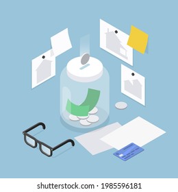 Saving cash coin money jar economy deposit real estate residential house buying investment vector flat isometric illustration. Moneybox with currency earnings for mortgage payment or purchase dwelling