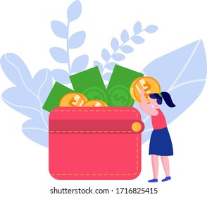 Saving cash from crisis concept and vector illustration on white background. Modern wallet and accumulation of money. Female characters with gold coins and cash. Flat style.