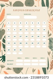 Saving Challenge Tracker Template. 31 Day Habit Tracker Template. Planner Design. Minimalist planner template set. Tropics graphic