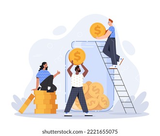 Saving coins concept. Men and woman put gold coins in jar. Financial literacy and family budget, passive income. Economy, investment and trading. Poster or banner. Cartoon flat vector illustration