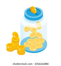 Saving coins in jar concept vector illustration in isometric design style. Glass bank isometric vector illustration. Money in jar isolated on white background.