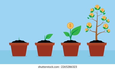 saving coins in pot with money trees.