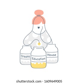 Saving and collecting money for education, dream, house. Woman putting coin in glass bottle or piggy saving bank and account for her money. Saving money, all in finance accounting concept.