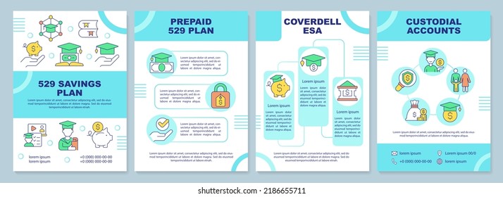 Saving for college accounts blue brochure template. Budget. Leaflet design with linear icons. Editable 4 vector layouts for presentation, annual reports. Arial-Black, Myriad Pro-Regular fonts used