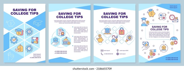 Saving for college tips blue brochure template. Budget. Leaflet design with linear icons. Editable 4 vector layouts for presentation, annual reports. Arial-Black, Myriad Pro-Regular fonts used