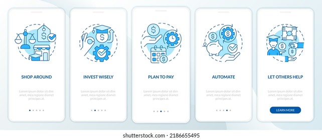 Saving for college tips blue onboarding mobile app screen. Funds walkthrough 5 steps editable graphic instructions with linear concepts. UI, UX, GUI template. Myriad Pro-Bold, Regular fonts used