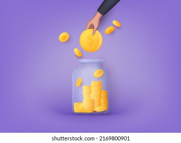 Saving concept. Glass money jar full of gold coins. Saving dollar coin in money jar. 3D Web Vector Illustrations.