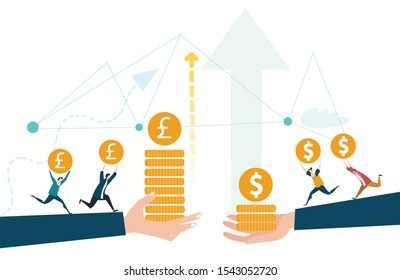 Saving concept. Hands holding coins, dollars and pounds. Saving, making money, earning, wages idea. little people bringing more money to the business.
