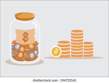 Saving Dollar Coin In Jar. Concept Vector Illustration