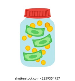 Ahorrando moneda de dólar en frasco. Vector de concepto. Vector de estilo de diseño plano. Ahorrando botes de dinero. Dinero Jar.