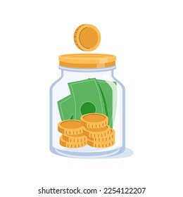 Saving dollar coin in jar. Investing money Personal finance management and financial literacy concept. Vector illustration. Financial education illustration.