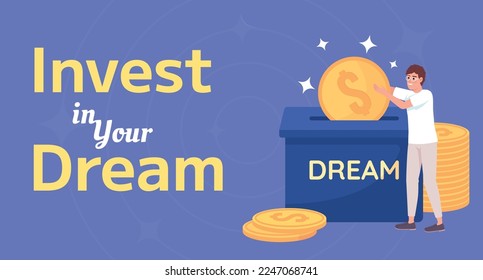 Saving for dream flat vector banner template. Financial goal. Money management poster, leaflet printable color designs. Editable flyer page with text space. M PLUS 1, Oleo Script, Quicksand fonts used