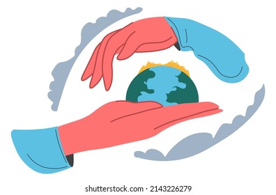Saving ecology and environment of planet earth. Isolated hands protecting and helping from pollution. Peacefulness and ecosystem sustainability, conservation and preservation. Vector in flat