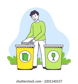 Die Rettung der Ökologie durch den jungen Menschen, der Müll in Recycling-Mülleimer vergießt, sorgt für grüne Planeten und Naturvektorgrafik