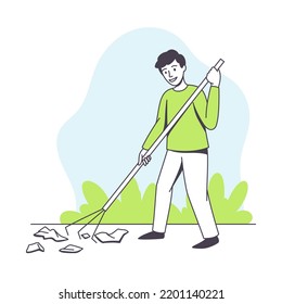 Saving Ecology with Young Man with Rake Gathering Garbage Caring about Green Planet and Nature Vector Illustration