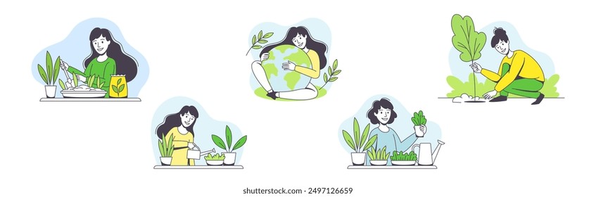 Saving Ecology with Young Man and Woman Caring about Green Planet and Nature Vector Set