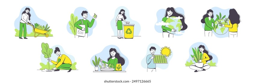 Saving Ecology with Young Man and Woman Caring about Green Planet and Nature Vector Set