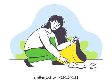 Saving Ecology with Young Woman with Bag Gathering Garbage Caring about Green Planet and Nature Vector Illustration